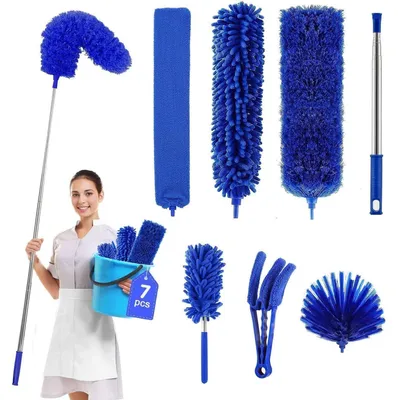 Zdjęcie produktu dla Teleskopowy mop do kurzu, długość regulowana do 2,6 m, możliwość prania, szczotka do usuwania pajęczyn, zestaw 7-elementowy, kolor niebieski