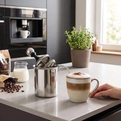 Zdjęcie produktu dla Spienacz do mleka ręczny ze stali nierdzewnej, podwójny system sit, pojemność 350 ml, do kawy i herbaty