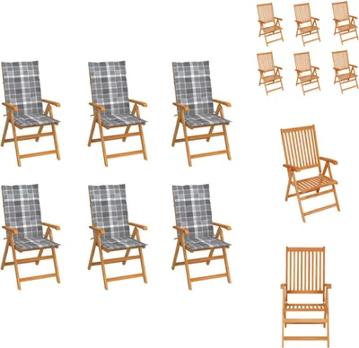 Produktbild von vidaXL Gartenstühle 6 Stk. Graue Karomuster-Kissen Massivholz Teak -  Gartenstühle