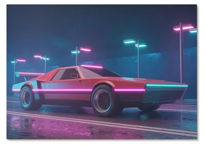Produktbild von POSTER - 42x29 cm (A3) - 3 Steps - Retro-Auto in einer neonbeleuchteten Stadtkulisse - Wandbild für Wohnzimmer Schlafzimmer & Flur, Modernes Poster Wanddeko, Ungerahmt