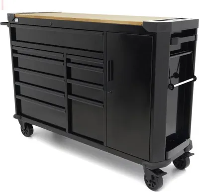 Produktbild von Gerätewagen 10 laden 147 cm schwarz mit Arbeitsblatt, Schloss, Tür, 4 Rädern, 450 kg
