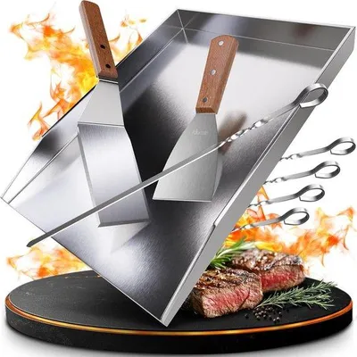 Productafbeelding van Plancha Grillplaat van Roestvrij Staal, 25 x 35 cm voor Barbecue, Gasbarbecue en Kolengrill, inclusief Borstel en Grillspatel