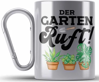 Produktbild von Trendation - Gärtner Edelstahl Tasse Karabiner Geschenk Oma Opa Der Grarten Ruft Hobbygärtner Karabiner Edelstahl Tasse Karabiner Edelstahl Geschenk Landschaftsgärtner (Silber)