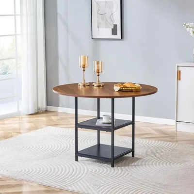 Immagine prodotto di okwish Tavolo da pranzo rotondo con spazio contenitivo, stile moderno, finitura noce, struttura in metallo, adatto per 2-4 persone, ideale per soggiorno e sala da pranzo, colore nero e noce