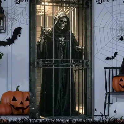 Produktbild von Halloween Türbanner Grusel Skelett Sensenmann Geist Horror Haustür Dekoration Wanddeko Hintergrund - Modell: Variante 6, Größe: 90 x 120 cm