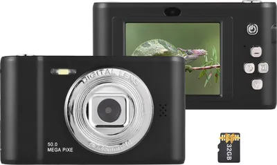 A black digital camera and a 32GB TF card are displayed against a white background.