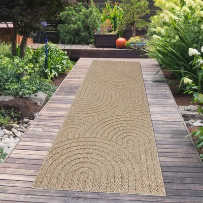 Produktbild von Teppich In- und Outdoor mit Kreislinien-Muster in Beige für moderne Wohn- und Außenbereiche Größe - 80 x 250 cm