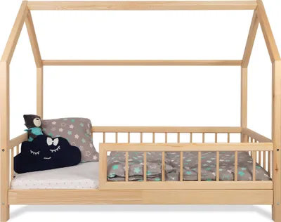 Produktbild von Kinderbett Bett Hausbett mit Rausfallschutz 100x200cm Latternost Bettgestell aus Kiefer Holz für Haus Kinder Jungen & Mädchen - Holzbett Baby Kinderzimmer Junge Deko