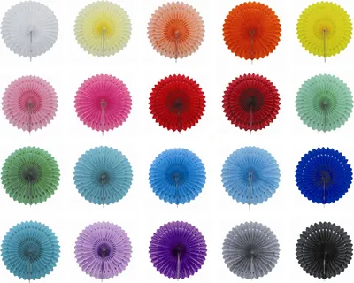 A grid of colorful paper fans arranged in rows and columns against a white background.