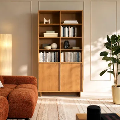 Productafbeelding van Boekenkast SUNA, 98 cm hoog, vrijstaand, kleur: caramel eikenhout, met 2 deuren met push-to-open mechanisme