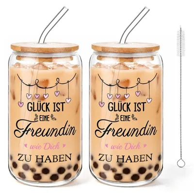 Trinkglas-Set 2x 500 ml mit Deckel & Strohhalm