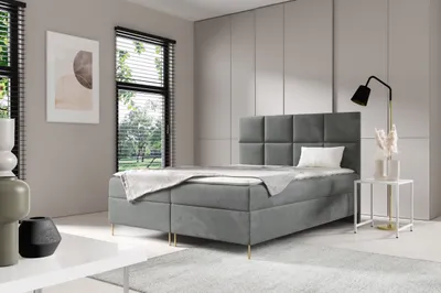 Produktbild von GUTTO Boxspringbett SARA 140 x 200cm 2x Bettkasten TOPPER 5cm Gratis Grau Velour hohe goldene Beine