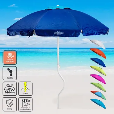 A blue beach umbrella is displayed on a sandy beach with the ocean and sky in the background. Several other colored umbrellas are shown to the right.