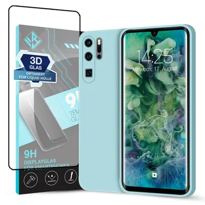 Produktbild von Hülle für Huawei P30 Pro mit 9H Displayglas Displayschutz Case Cover Bumper Smartphone Softgrip Schutzhülle Farbe: Hellblau