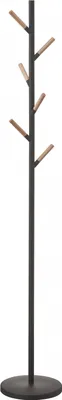 A black metal coat rack with wooden accents on a white background.