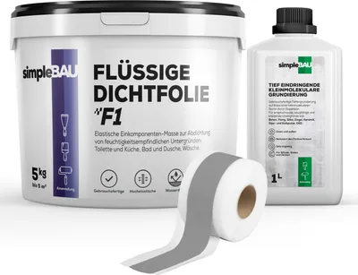 Produktbild von SimpleBau F1 Dichtset Flüssigdichtfolie gebrauchsfertig + Grundierung + elastisches Dichtband für Fugen und Ecken zum Abdichten von Bädern, 5kg + 1l + 5M