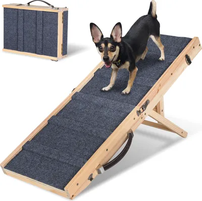 Produktbild von Bettizia Hunderampe Klappbar aus Holz, Haustierrampe 4 Stufen Verstellbar 19,5 cm bis 41 cm, Tierrampe mit Rutschfester 5 Pfoten-Traktionsmatte