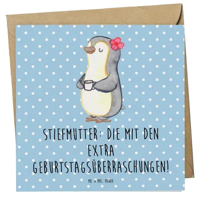 Produktbild von Mr. & Mrs. Panda Grußkarte Stiefmutter Überraschungen - Blau Pastell - Geschenk, Familienmitglieder, faltkarte, Familie, doppelkarte, Besonderes, Klappkarte, Stiefkind