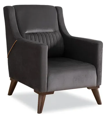Zdjęcie produktu dla Elegancki czarny fotel z tkaniny, designerskie drewniane nóżki, fotel relaksacyjny, meble