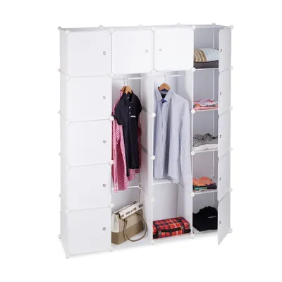 Produktbild von Relaxdays Kleiderschrank Stecksystem mit 2 Kleiderstangen, Garderobe mit 14 Fächer, Kunststoff Regalsystem, weiß
