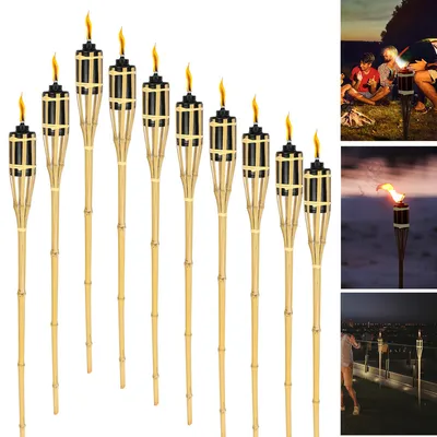 Immagine prodotto di Fiqops torce da giardino, torce ad olio in bambù, con stoppino, set di 10, torce d'atmosfera per esterni, altezza: 90 cm, naturale