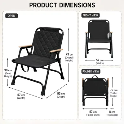 Immagine prodotto di Sedia pieghevole - Sedia da campeggio - Portatile - Tessuto Oxford - Struttura Acciaio al carbonio - Con braccioli - Ideale per campeggio, picnic e pesca - Colore: nero