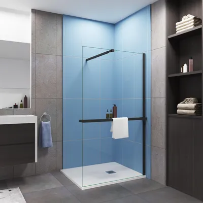 Produktbild von Schwarz Duschwand Walk-In,ESG Klarglas 8mm,120x200cm,mit Stabilisierungsstangemit:73-120cm,mit Ablage + Handtuchhalter