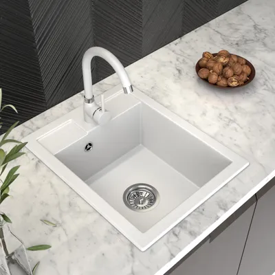 Produktbild von Küchenspüle 40x50 cm, Spüle aus Granit mit Siphon Chrom, Sieb und Imprägniermittel, Spülbecken mit 1 Becken, Einbauspüle, Weiß