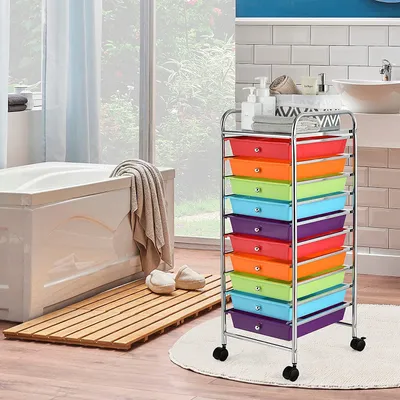 A colorful rolling storage cart with multiple drawers, placed in a bathroom setting next to a bathtub.