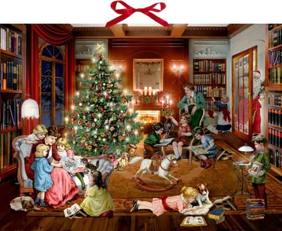 A cozy Christmas scene in a library with a family gathered around a Christmas tree, reading books.