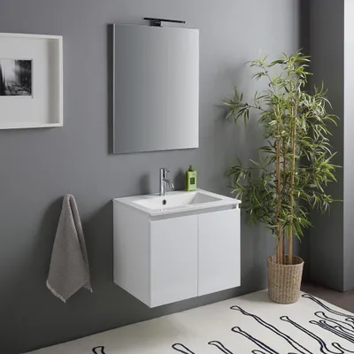 Produktbild von Waschtisch-Unterschrank 60 cm mit Waschbecken und Spiegel mit Lampe | Benaco