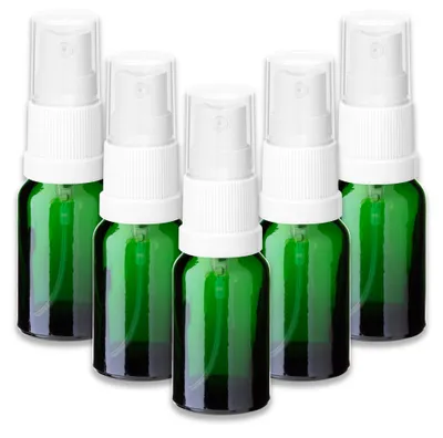 Produktbild von 5x Grüne Glasflasche 10 ml mit weißem Zerstäuber Sprühkopf leer 18 mm