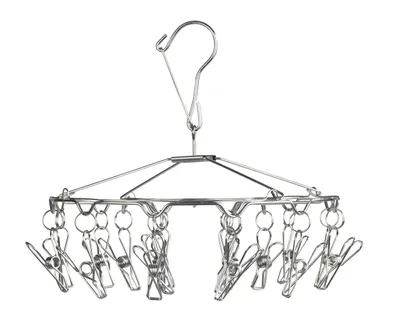 A stainless steel clothes drying rack with multiple clips, shown against a white background.