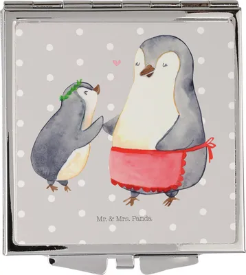 Produktbild von Mr. & Mrs. Panda Schminkspiegel Pinguin mit Kind - Grau Pastell - Geschenk, Kleiner Spiegel, Muttertag, Kosmetikspiegel, Taschenspiegel, Mutter, Vorbild Mama, Familie