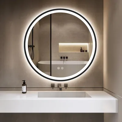Produktbild von GIMBELEN Runder Badspiegel mit Beleuchtung, 60 cm, Energiesparende LED, Schwarz Metallrahmen, Touch-Schalter, Dimmbar，3 Lichtfarben Einstellbar