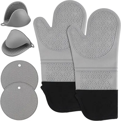 Produktbild von Set mit 6 Silikon-Ofenhandschuhen, hitzebeständig bis 230 °C, zum Grillen, Backen und für den Backofen, schwarz