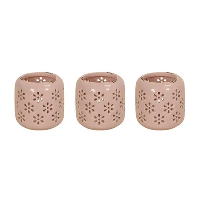 Produktbild von 3tlg. Windlicht RETRO FLOWER rosa aus Steinzeug H9,5cm mit Blumen Lochmuster