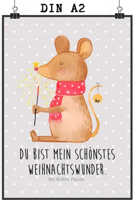 Produktbild von Mr. & Mrs. Panda Bild Maus Weihnachten DIN A2 - Grau Pastell - Geschenk, Weihnachtsmotiv, Kunstdruck, wanddeko, drucke, poster, Frohe, Mäuschen, Weihnachtsgruß, Wandbild