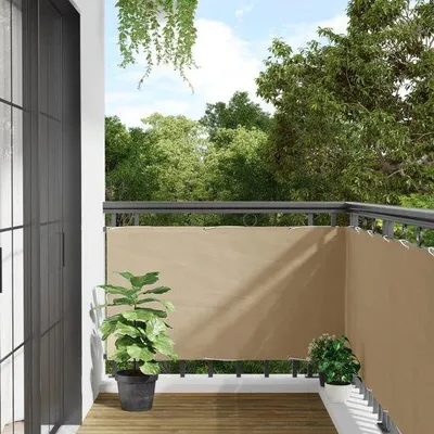 Produktbild von Wasserdichter Balkonzaun 75x600 cm - Beige - Luxus-Stoff mit PolyurethanBeschichtung - Privatschutz & Windschutz - UV-beständig - inkl. 24m Seil - Luxus-Balkonrollo