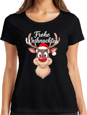Produktbild von Frohe Weihnachten Rentier Rudolf Weihnachtsmütze Lustig Cartoon Damen T-Shirt, Schwarz, S