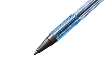 A close-up shot of the tip of a blue and gray pen against a white background.
