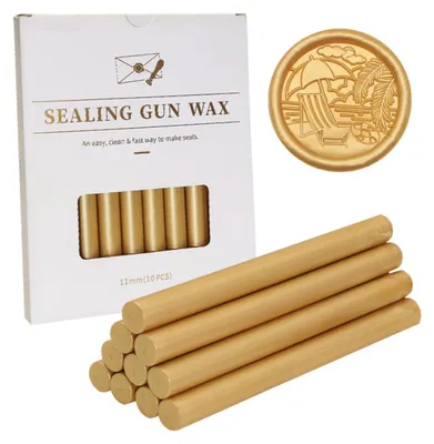 Imagen del producto de Varillas de cera para sellos, color dorado metálico, 10 unidades, de 11 mm de diámetro, para sellos y tarjetas de invitación