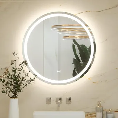 Imagen del producto de Espejo de baño redondo de 70 cm con iluminación, espejo para baño con función antiniebla, interruptor táctil, función de memoria, 3 colores de luz, espejo de baño LED regulable, sin marco, espejo de pared