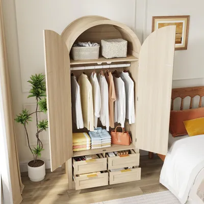 Produktbild von MODFU Moderner Kleiderschrank Garderobenschrank mit Kleiderstange und Schubladen,mit Ablagefläche und geschwungene Türrahmen,Garderobenständer in Eiche