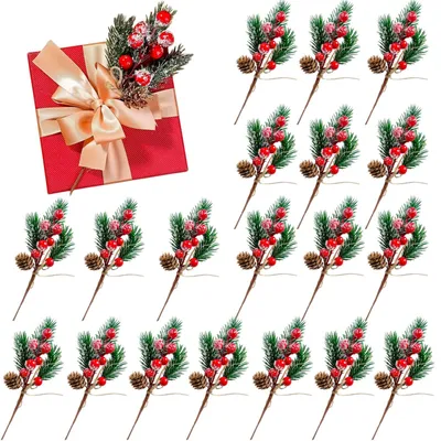 20 künstliche Weihnachtsbeeren-Zweige, rot/weiß, 18 cm, mit Tannenzapfen