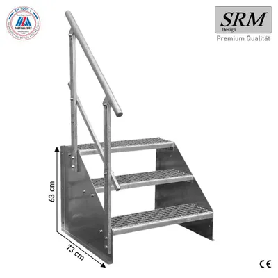 A galvanized metal staircase with three steps and a handrail, shown against a white background. Dimensions are indicated with lines and text.