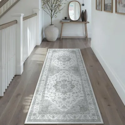 Image de Tapis de couloir vintage, gris, 60x180 cm, lavable, antidérapant, en polyester