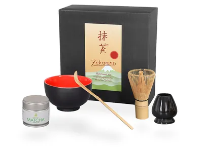 Produktbild von Matcha Set / Matchaset / Matcha Schale 250ml rot/schwarz mit Besen/Löffel/Halter/Tee in Geschenkbox