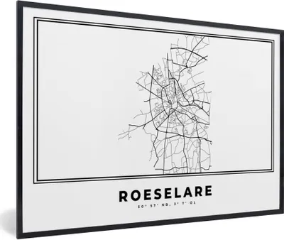 Produktbild von MuchoWow® Gerahmtes Poster Karte - Stadtplan - Roeselare - Belgien - Schwarz und weiß 90x60 cm - Poster mit Schwarzem Bilderrahmen Wandposter Rahmen Foto Bilder - Fotorahmen - Foto-Plakat