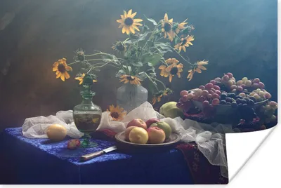 Produktbild von MuchoWow® Poster Stilleben - Weintrauben - Sonnenblumen - Obst - Kunst - Malerei 180x120 cm - Fotoplakat